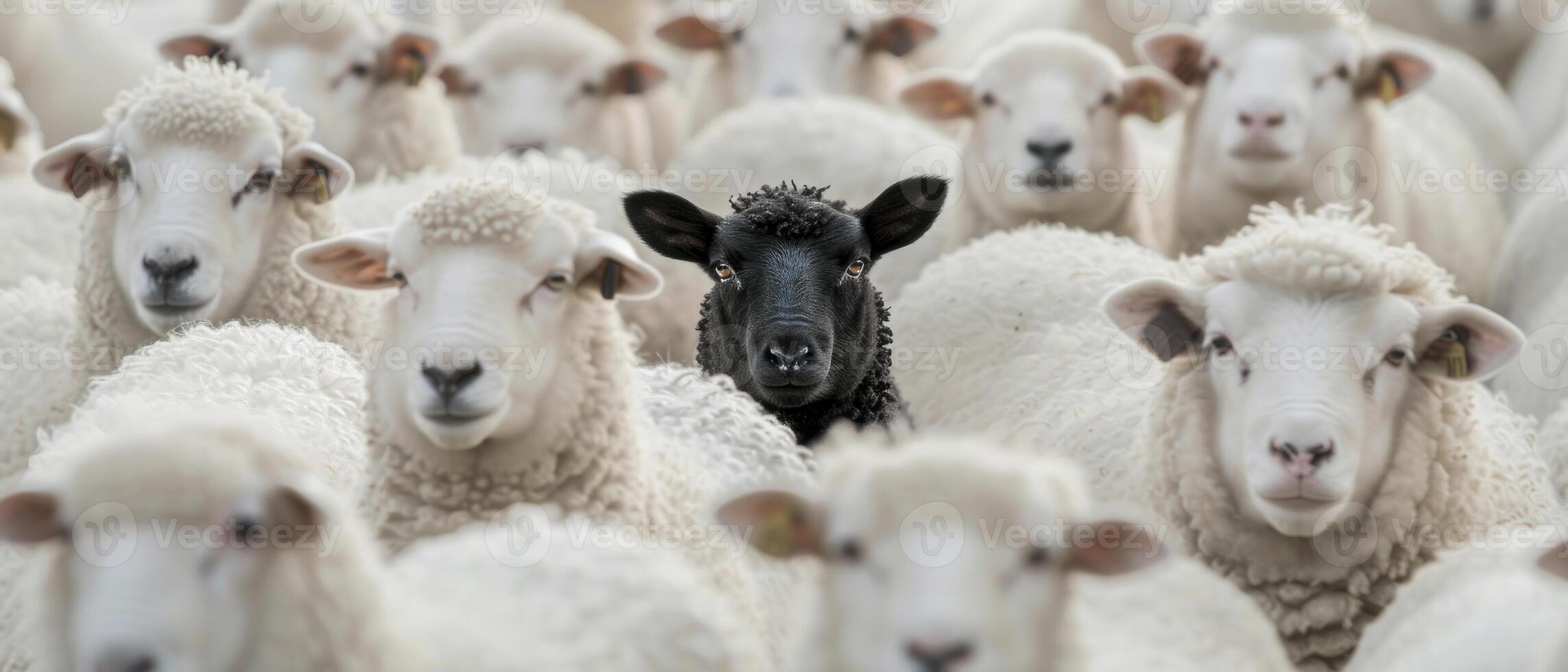 AI generated Standing Out. A Flock of White Sheep with One Bold Black Sheep in the Center, Symbolizing Individuality and Uniqueness. photo