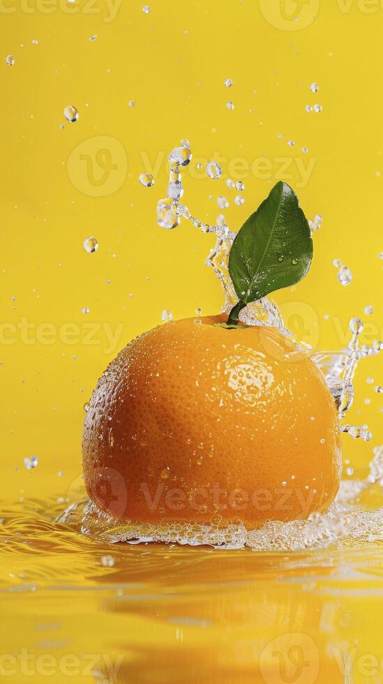 AI generated Orange fruit on the water isolated on yellow background photo