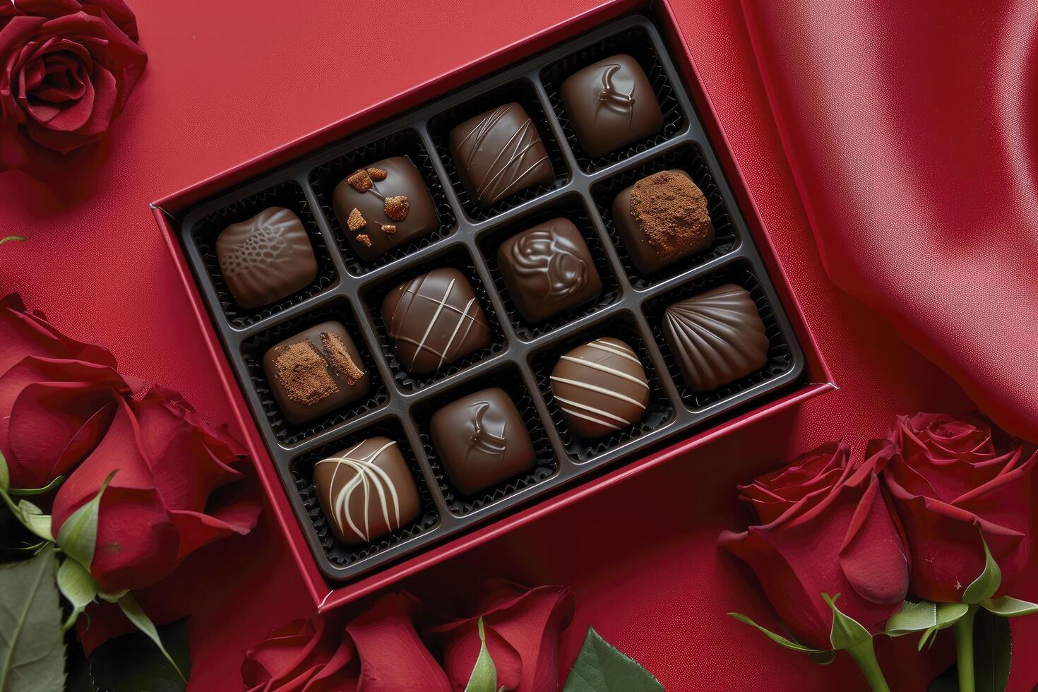 AI generated open box of chocolate pralines with red roses bouquet on a red background Valentines Day flat lay photo