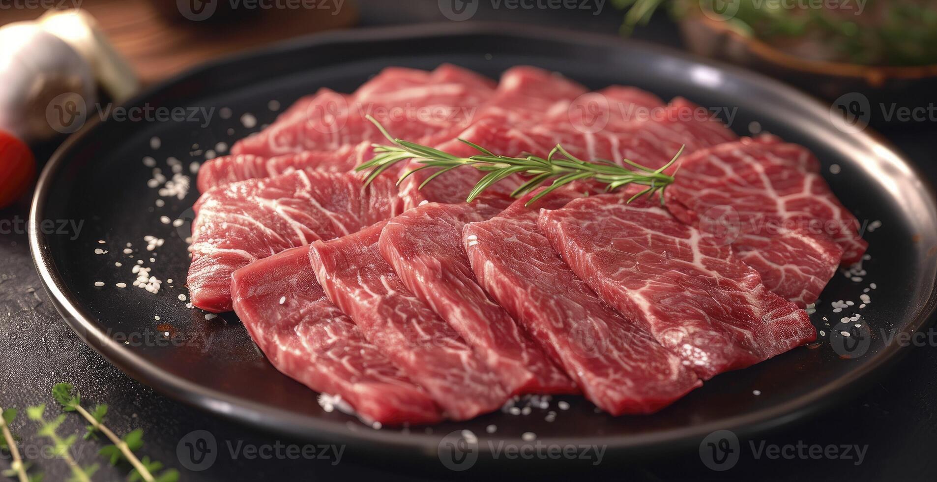 AI generated A black plate with beef cuts that have been sliced photo