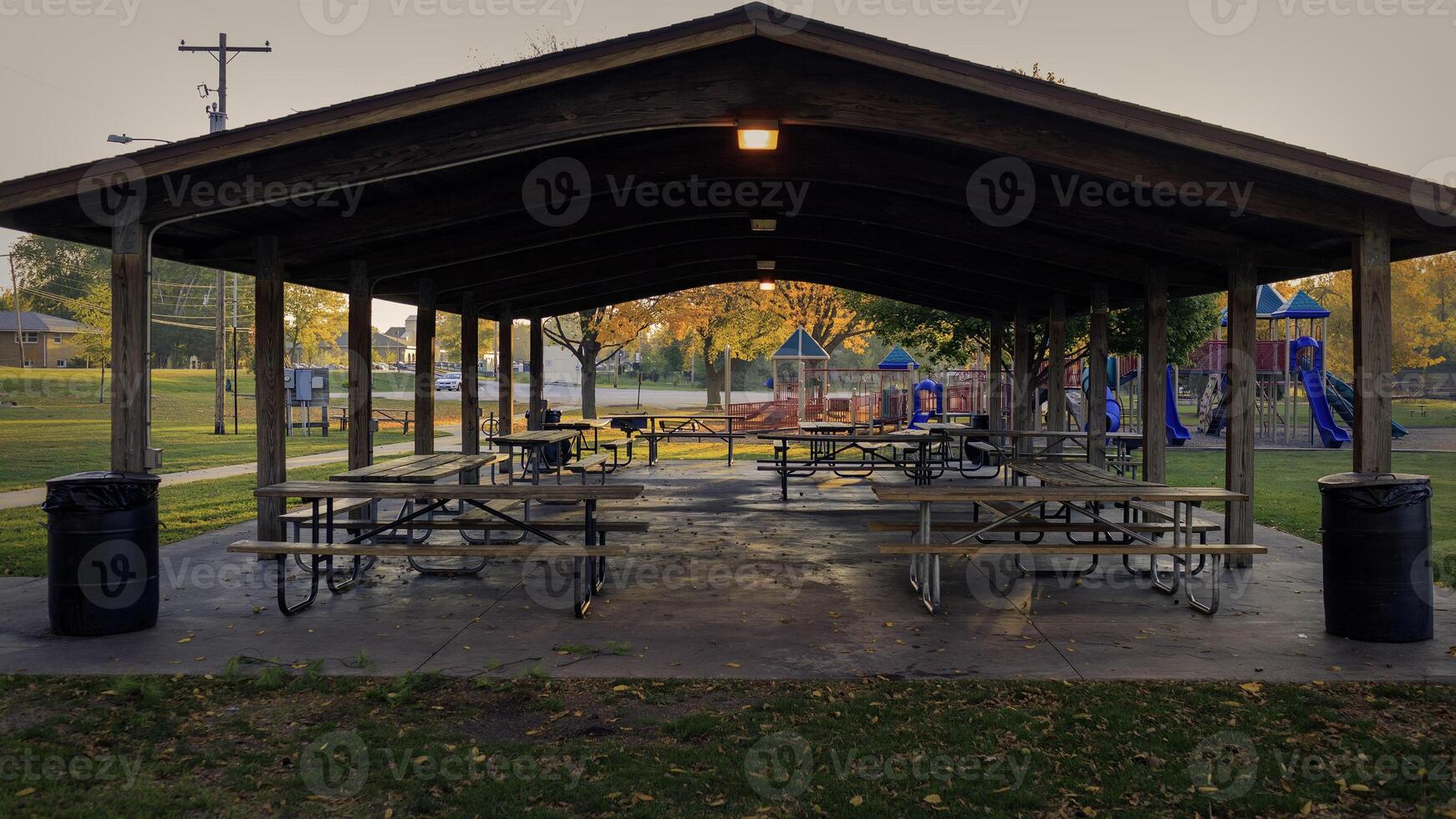 picnic mesas en un pabellón son Listo para el dias reuniones en esta verano Mañana foto