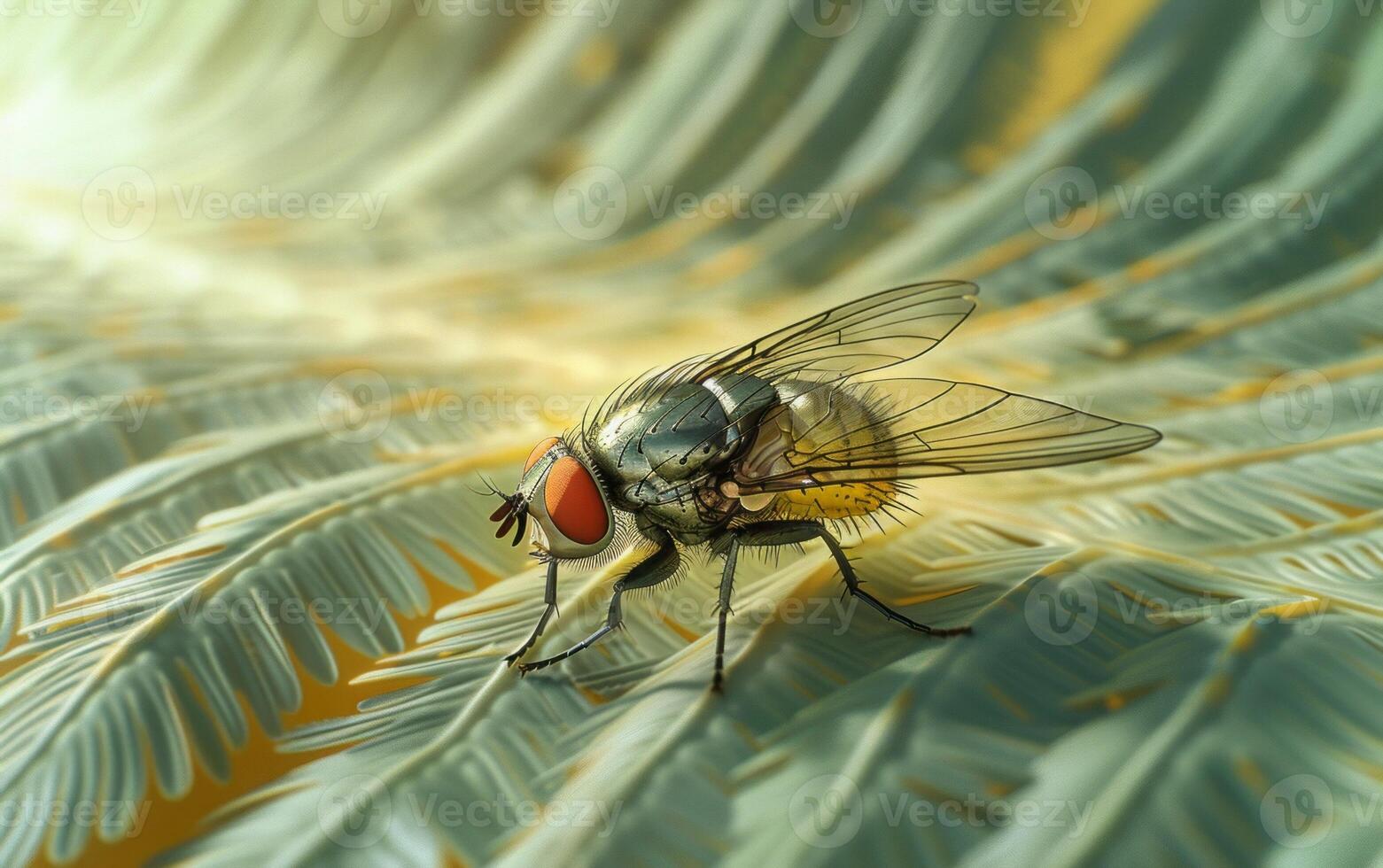 AI generated A sharp macro snapshot of a housefly diligently tidying its wing surrounded by fresh green vegetation photo