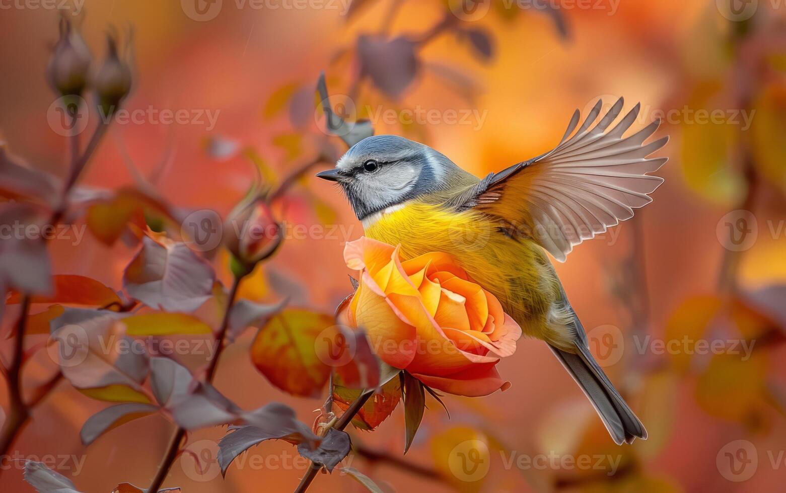 AI generated Amid peach hued roses, a Blue Tit bird exhibits its vibrant and elegant flight photo