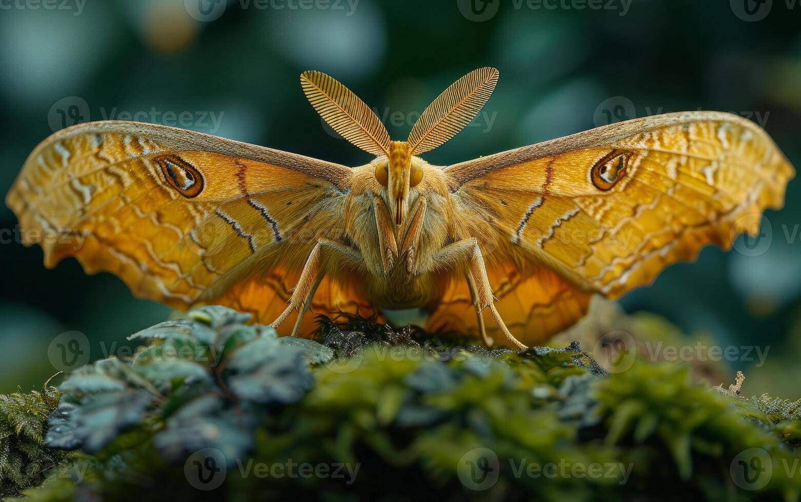 AI generated A Detailed Macro Photo of a Moth with Golden Wings and Intricate Patterns, on a Rough Texture