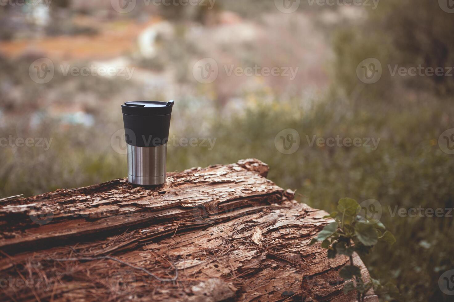 Still life with a stainless steel thermos mug on the log over beautiful early spring nature background photo