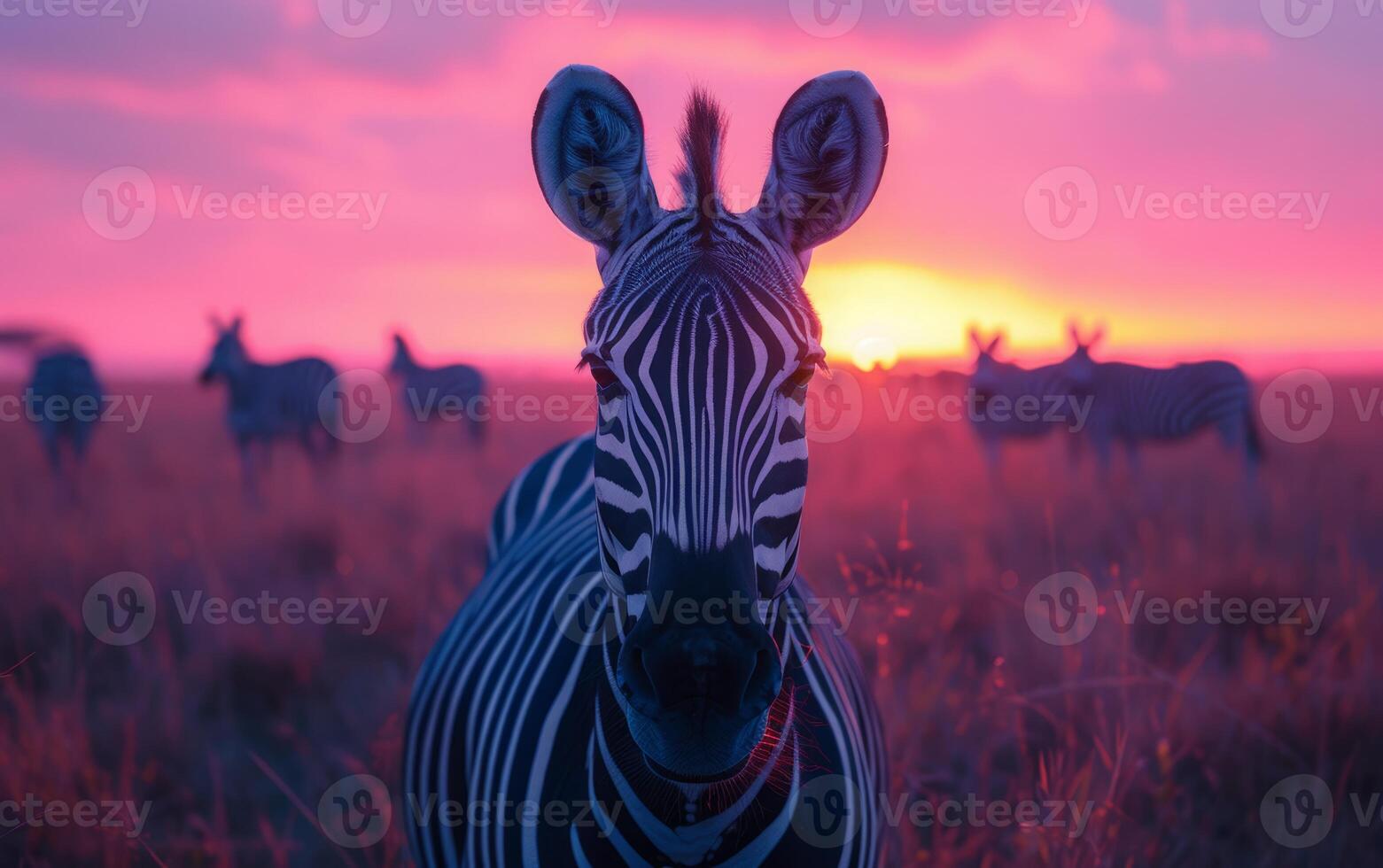 ai generado un cautivador rosado puesta de sol marcos un sorprendentes cebra rostro en el africano sabana foto