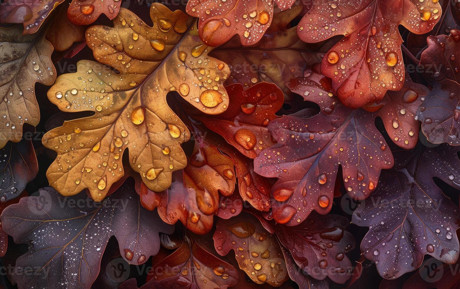 AI generated Macro Photography of Oak Leaves and Dewdrops photo