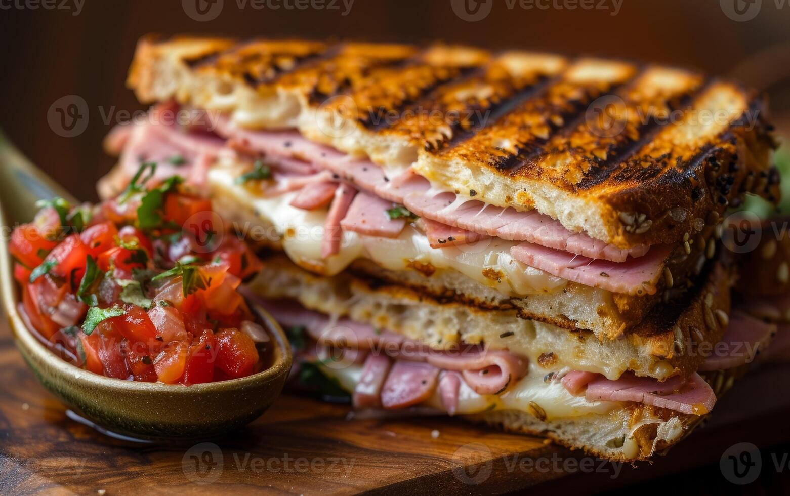 AI generated The Intricate Details of a Grilled Ham and Cheese Captured in Macro Photography photo