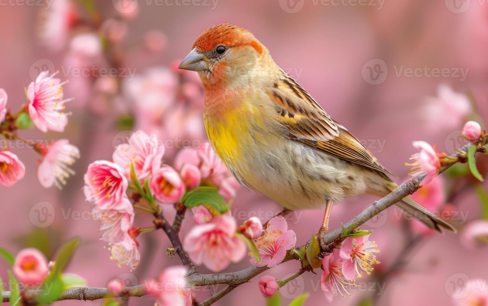 AI generated A finch lightly perches on a branch, decorated with pink blossoms of the spring photo