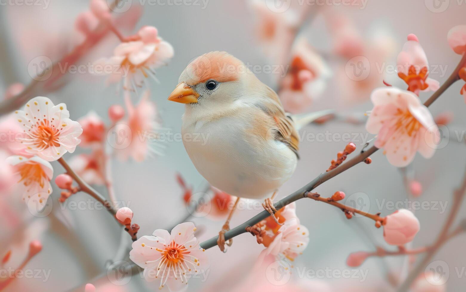 AI generated A dainty finch perches on a branch graced with pink blossoms of spring photo