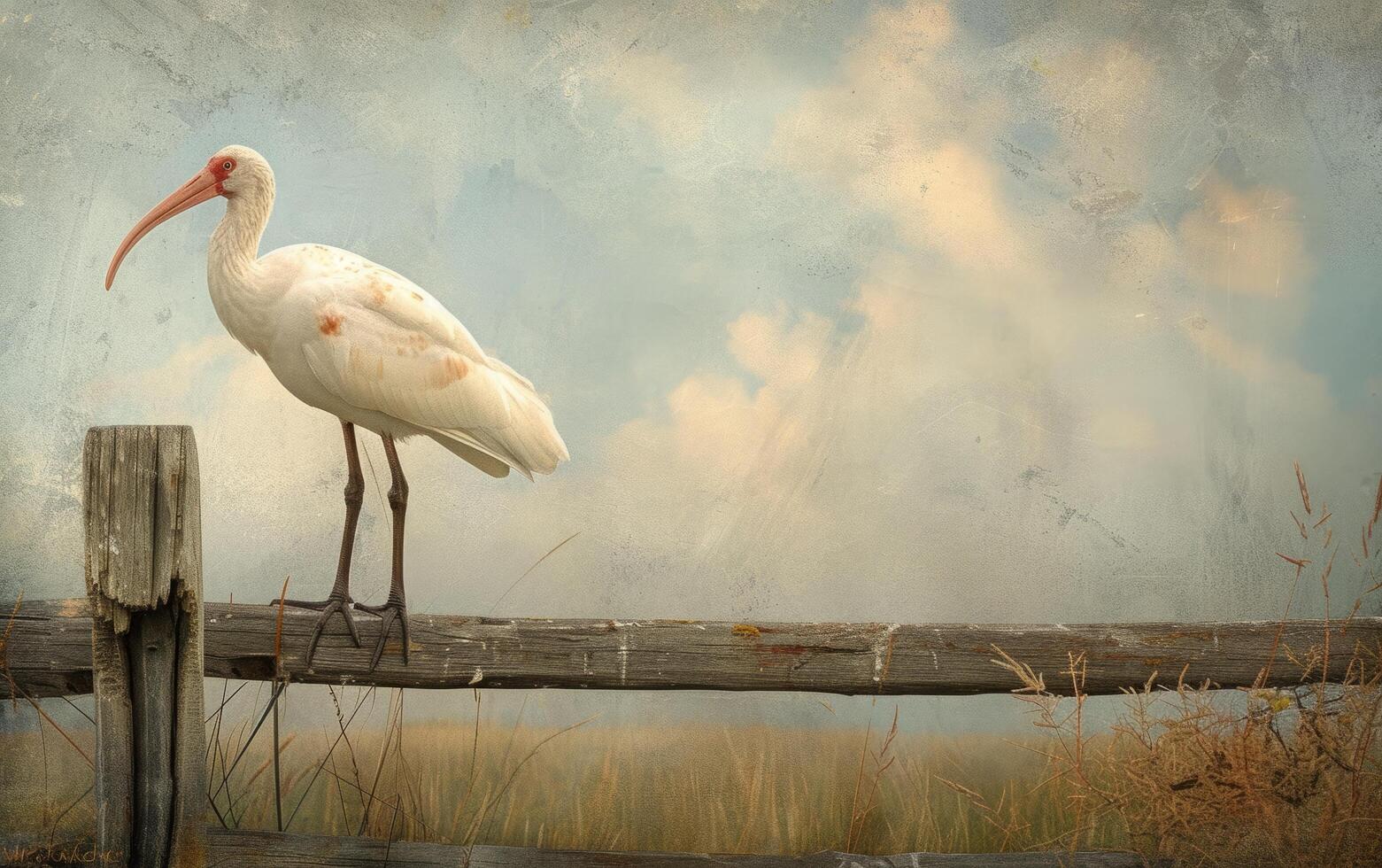AI generated A Fine Depiction of an Elegant White Ibis Positioned on a Decaying Wooden Partition photo
