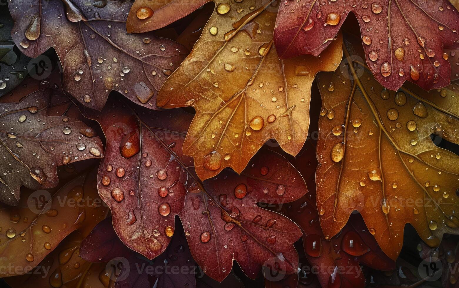 AI generated Macro View of Oak Leaves Adorned with Dewdrops photo