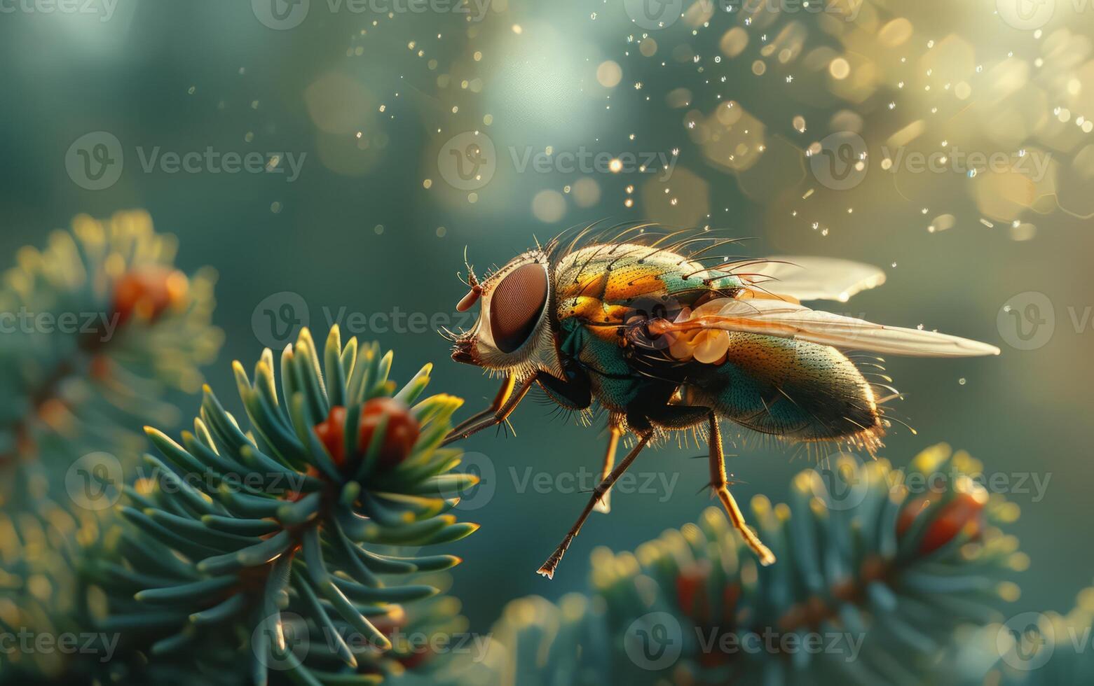 AI generated Housefly Navigating Through Pine Needles in Flight photo