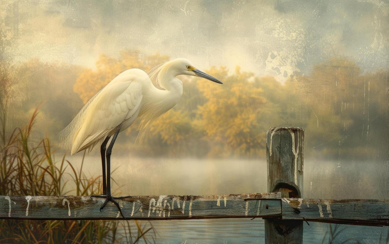 AI generated A Detailed Image of a Polished White Ibis Perching on a Tattered Timber Fence photo