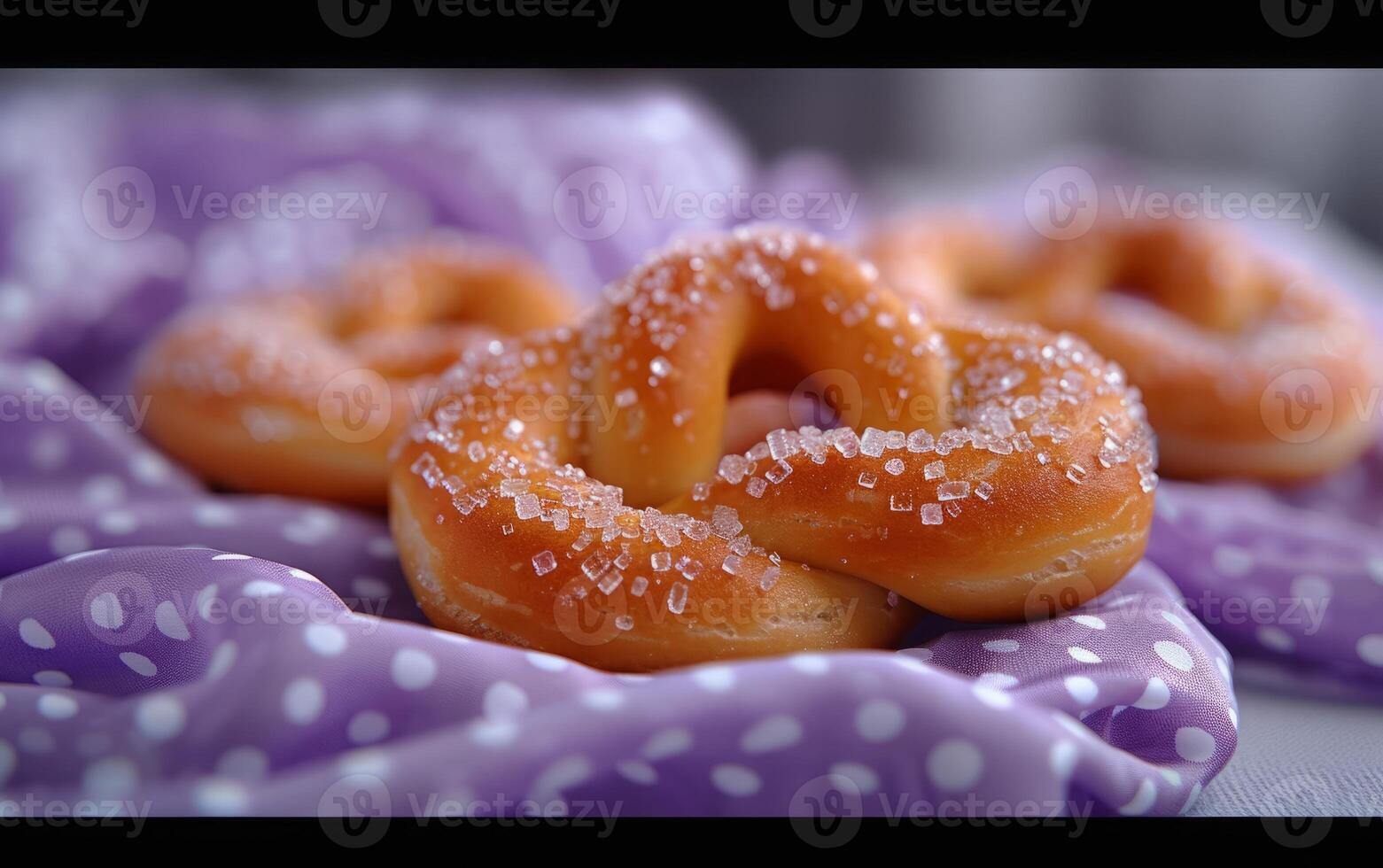 AI generated Sugar Crystal Encrusted Pretzels Resting on Purple Fabric photo