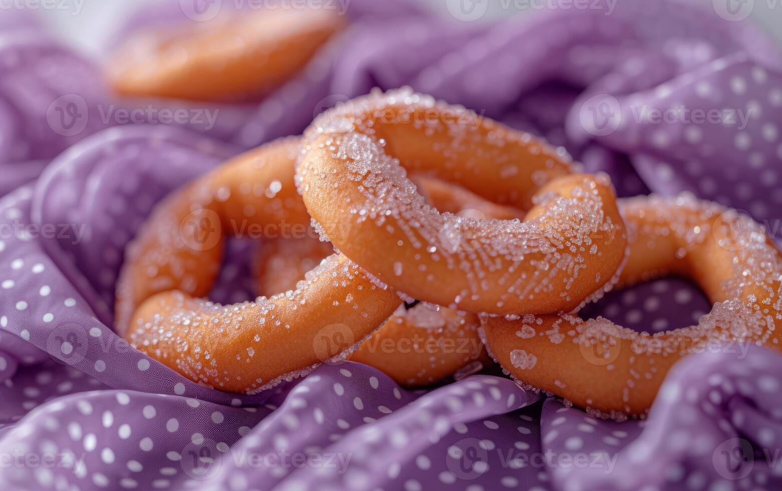 AI generated Purple Fabric Displaying Pretzels Covered in Sugar Crystals photo