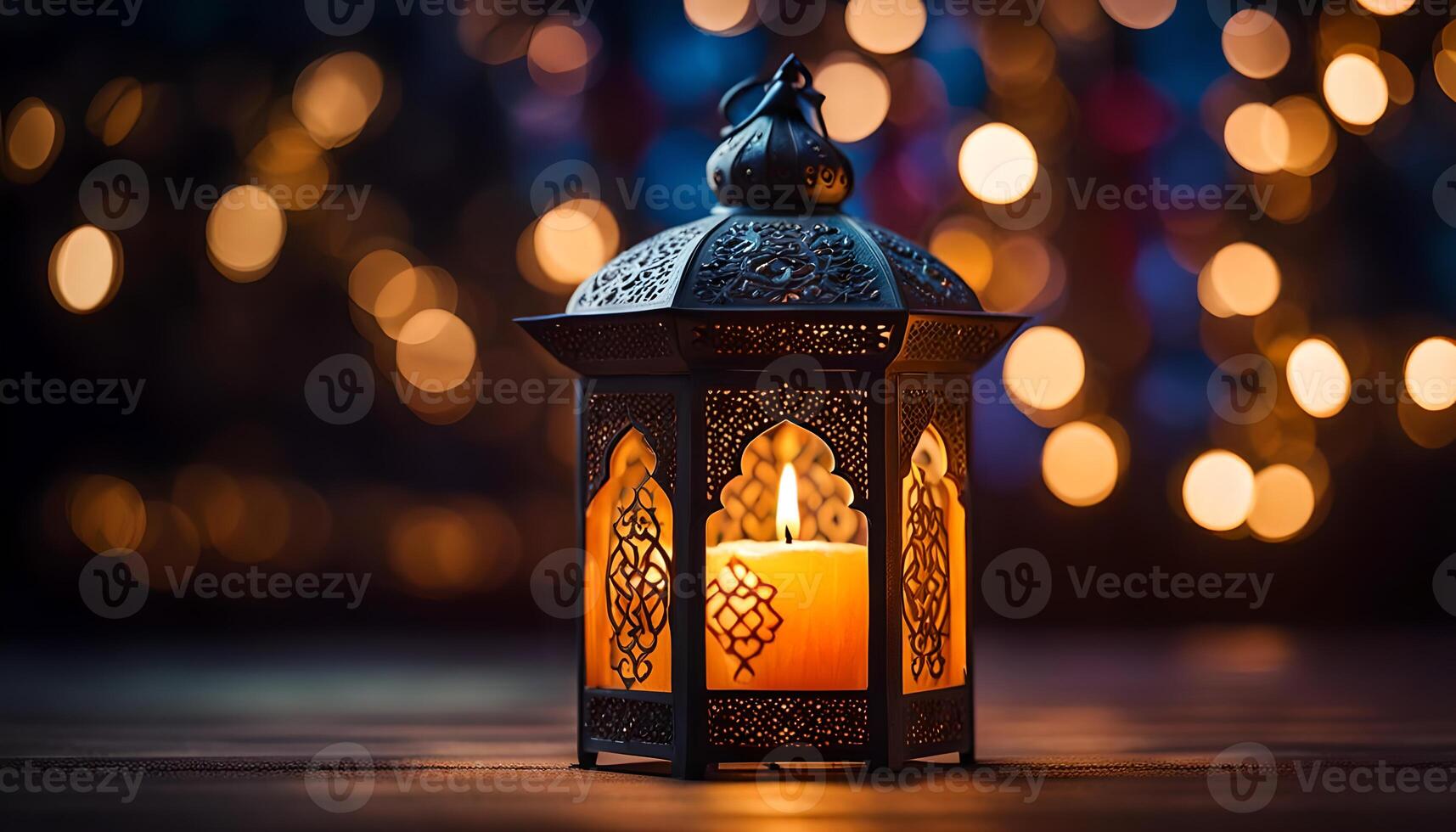 AI generated Ornamental Arabic lantern with burning candle glowing at night. photo