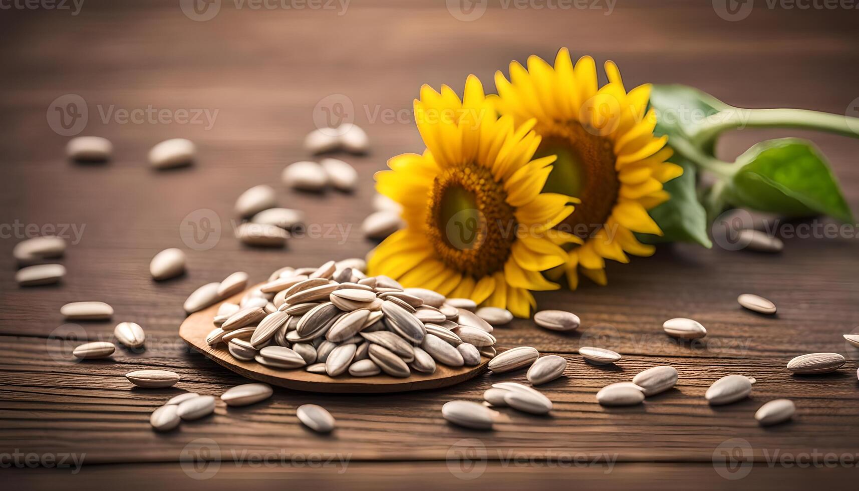 AI generated Sunflower seed on wooden table photo