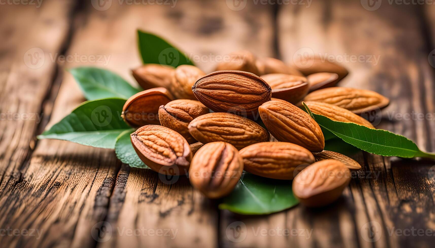 AI generated Almond with leaves on wooden table photo