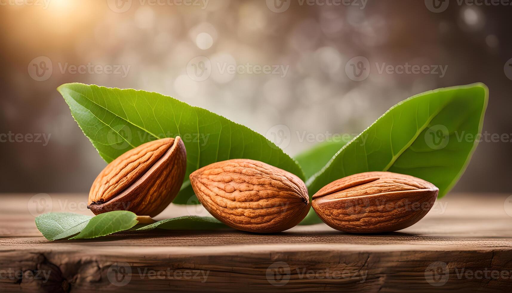 AI generated Almond with leaves on wooden table photo