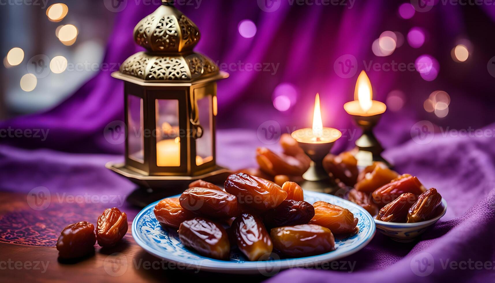 AI generated Ramadan lamp and dates still life photo