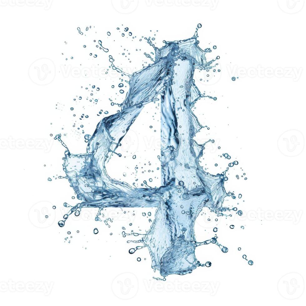 AI generated Number of water alphabet. Number 4 made from water splashes. Blue water splash alphabet isolated on white background. photo