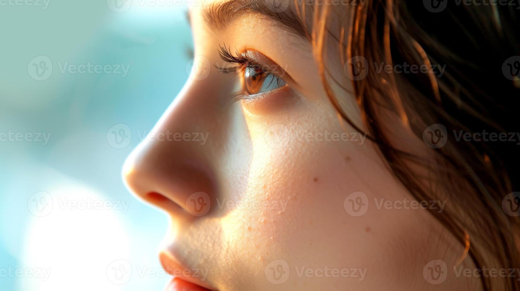 AI generated Thoughtful young woman looking out window with sunlight on her face photo