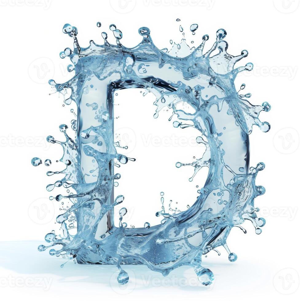 AI generated Letter D water splash alphabet isolated on white. 3D rendering illustration. photo