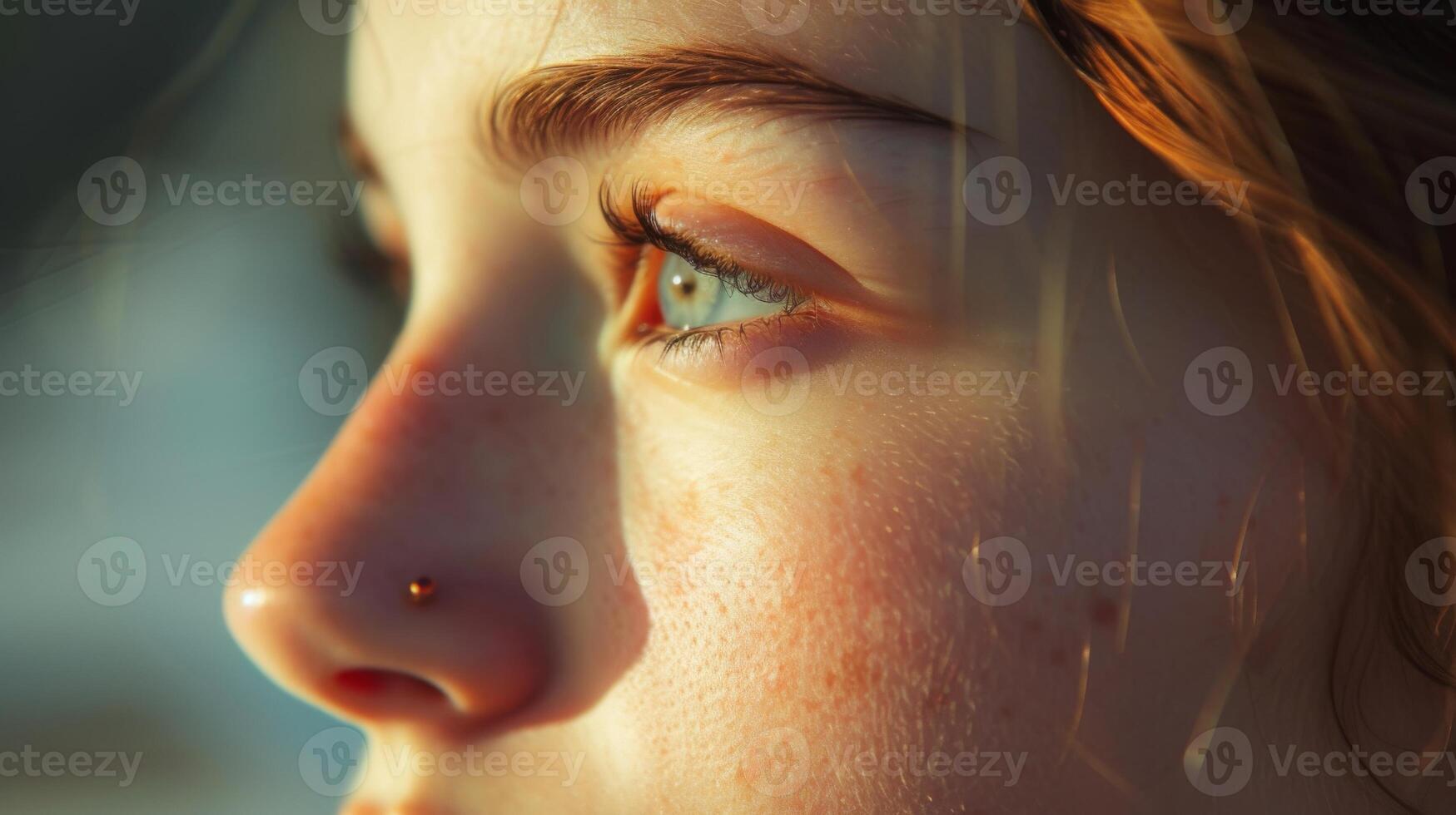 AI generated Portrait of woman with clear skin and light makeup under soft, warm light photo