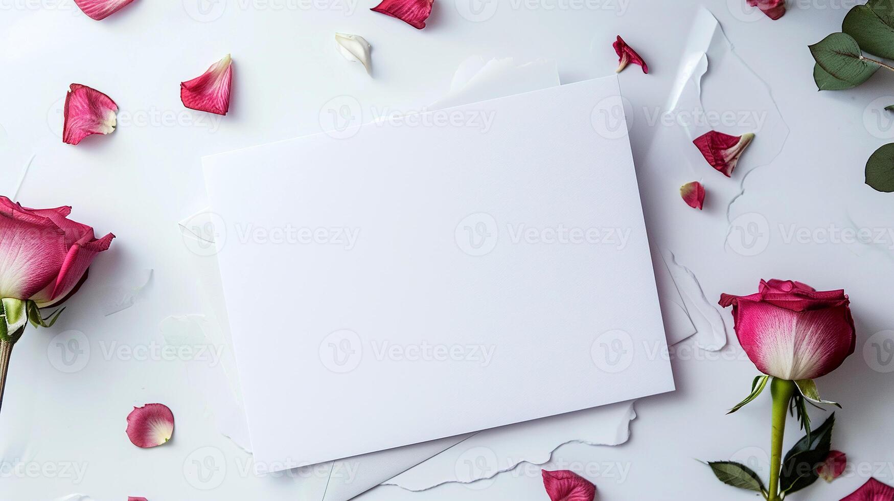 AI generated Greeting card template on a background of flowers and rose petals. White blank form isolated on a white background with space for text. photo