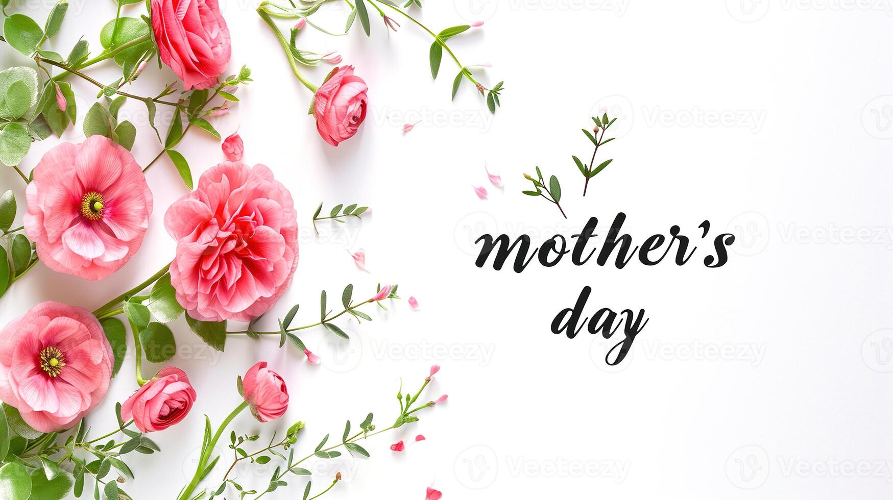 AI Generated Mothers day card with flowers on white background. Flat lay, top view. photo