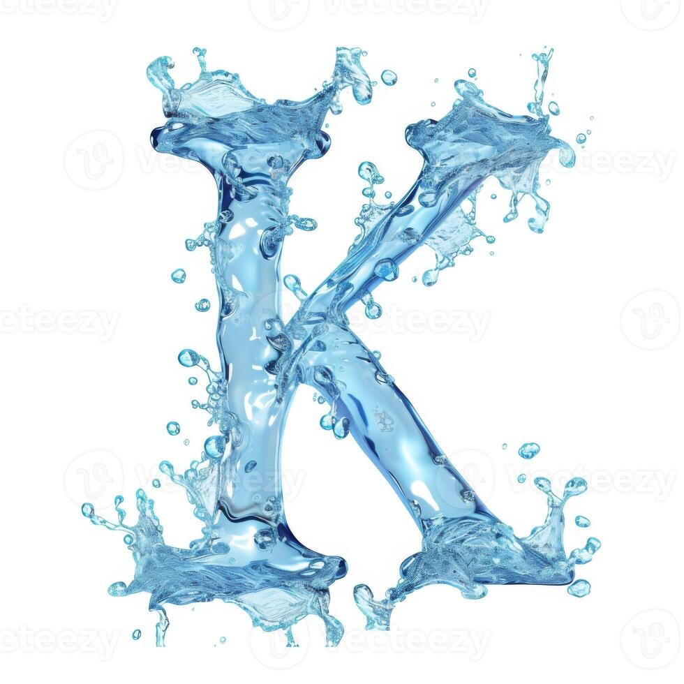 AI generated Alphabet, letter K. Splash of water takes the shape of the letter K, representing the concept of Fluid Typography. photo