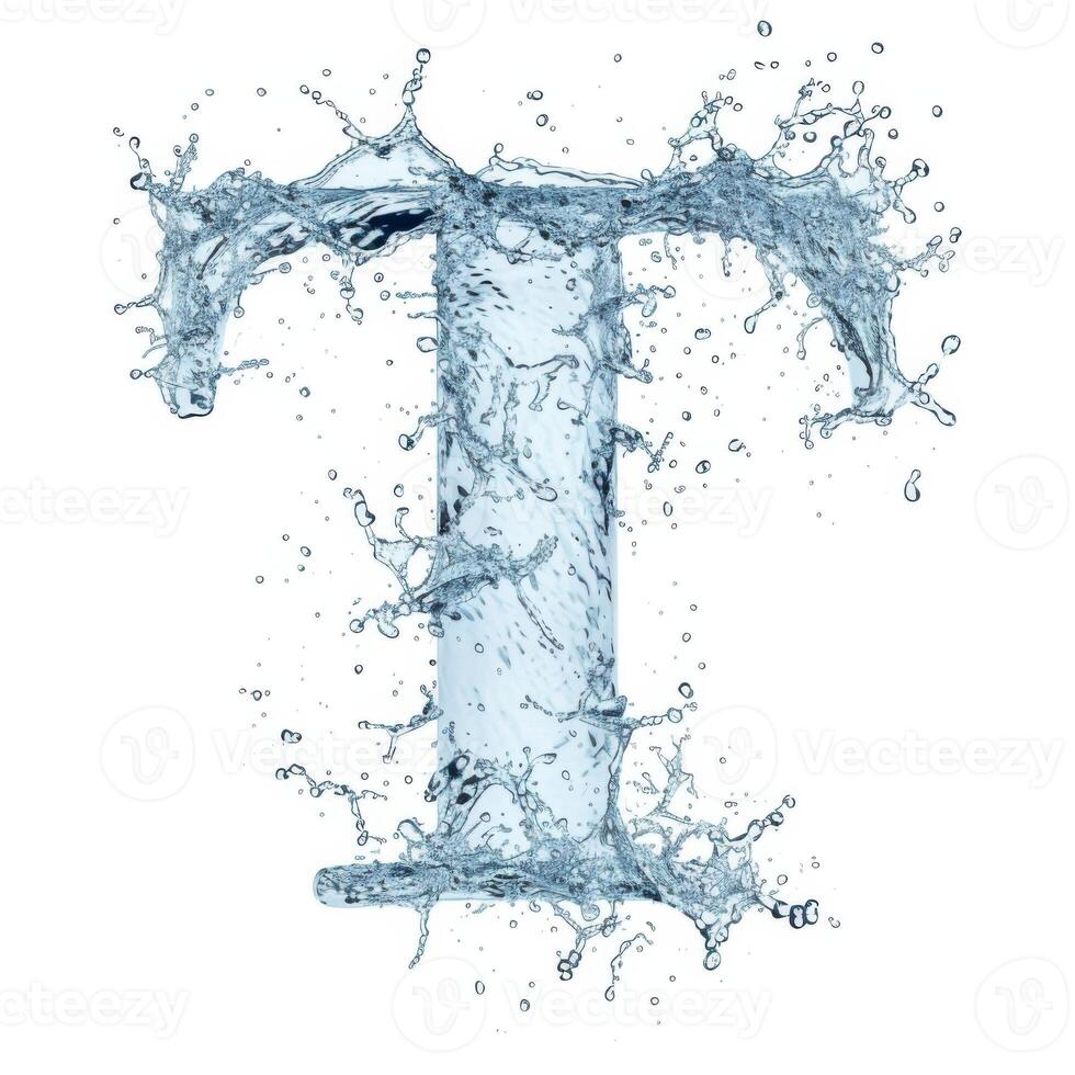 AI generated Alphabet, letter T. Splash of water takes the shape of the letter T, representing the concept of Fluid Typography. photo