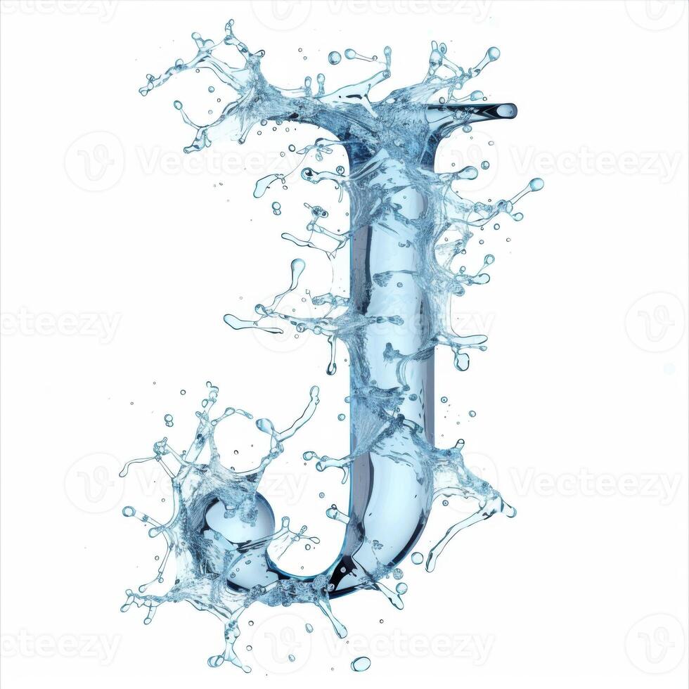 AI generated Letter J. Water splashes alphabet isolated on a white background. photo