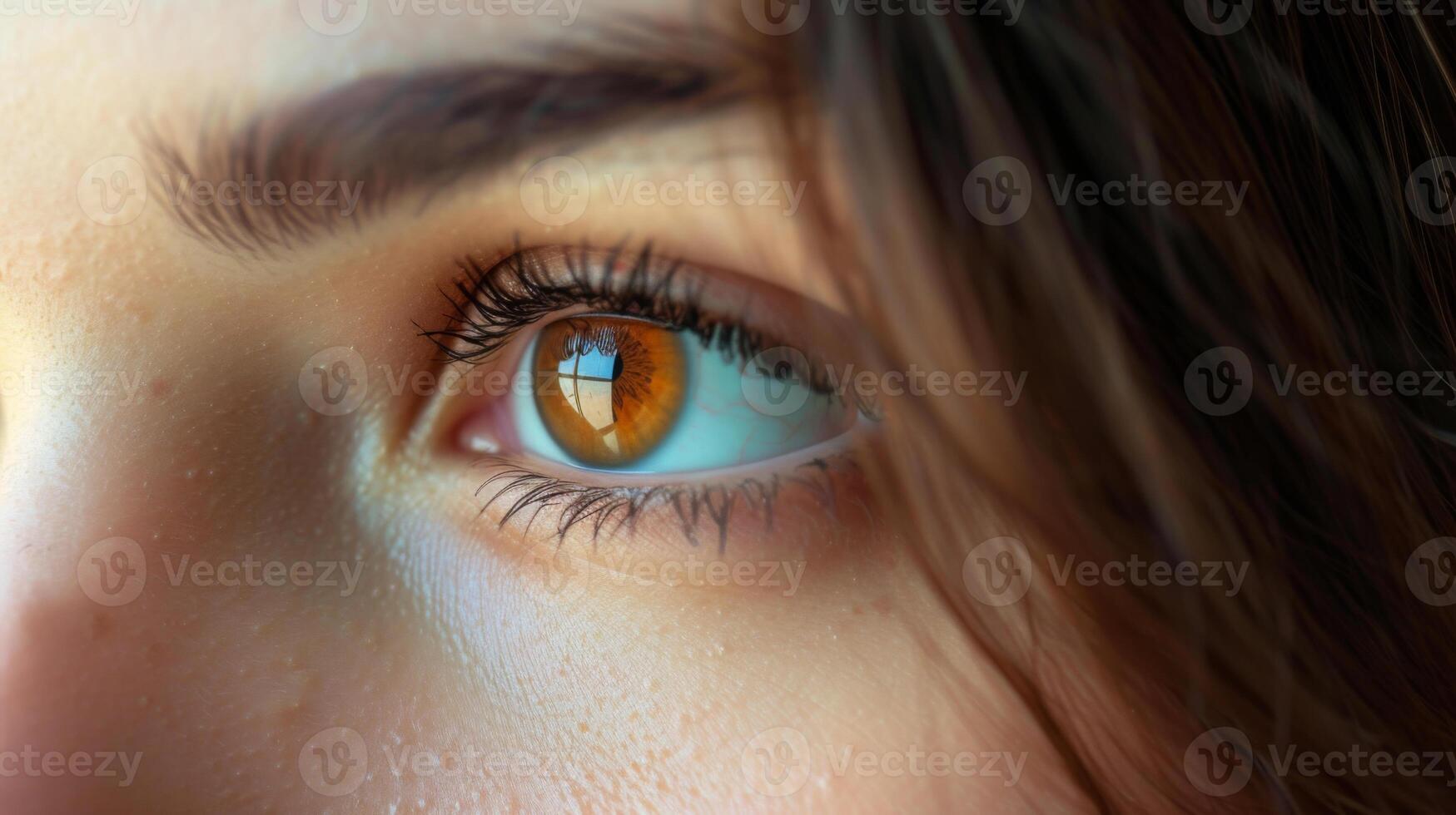 AI generated Profile of a young girl with problematic skin near her eyes. Close-up of a brown eye. photo