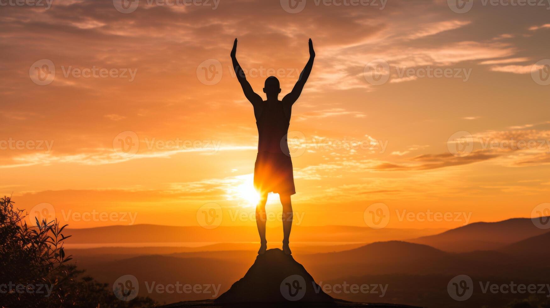 AI generated Ecstatic male tourist raising arms in triumph on mountain summit at sunrise photo