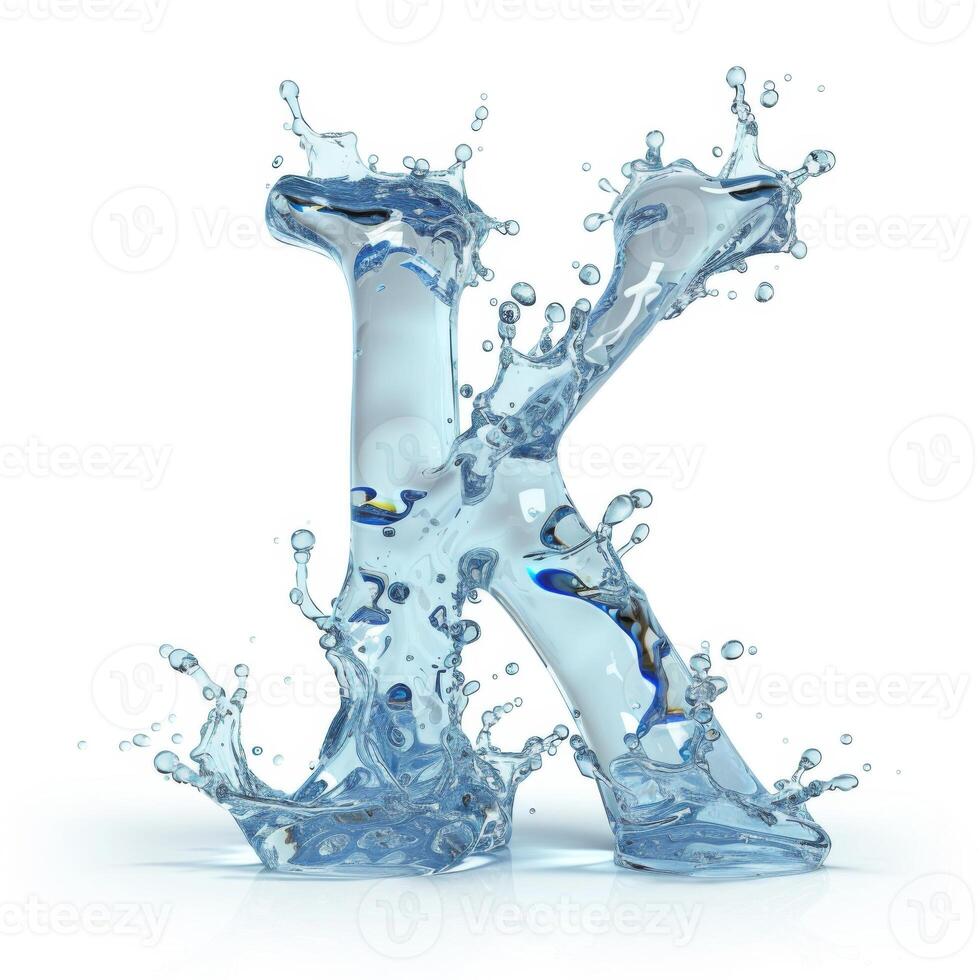 AI generated Dynamic splash of water forming the shape of the letter K, captured with high detail against a white background. on. photo