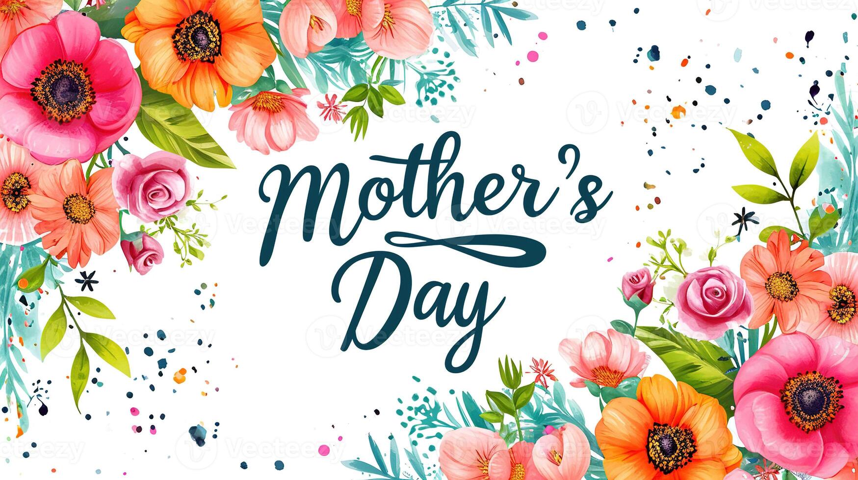 AI generated Mothers day card with flowers and leaves. Mother's day greeting card with watercolor flowers. Spring banner on white background with text Mother's Day . photo