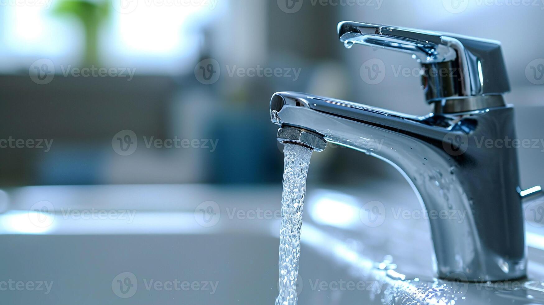 AI generated Modern faucet with running water in bathroom. Shallow depth of field. photo