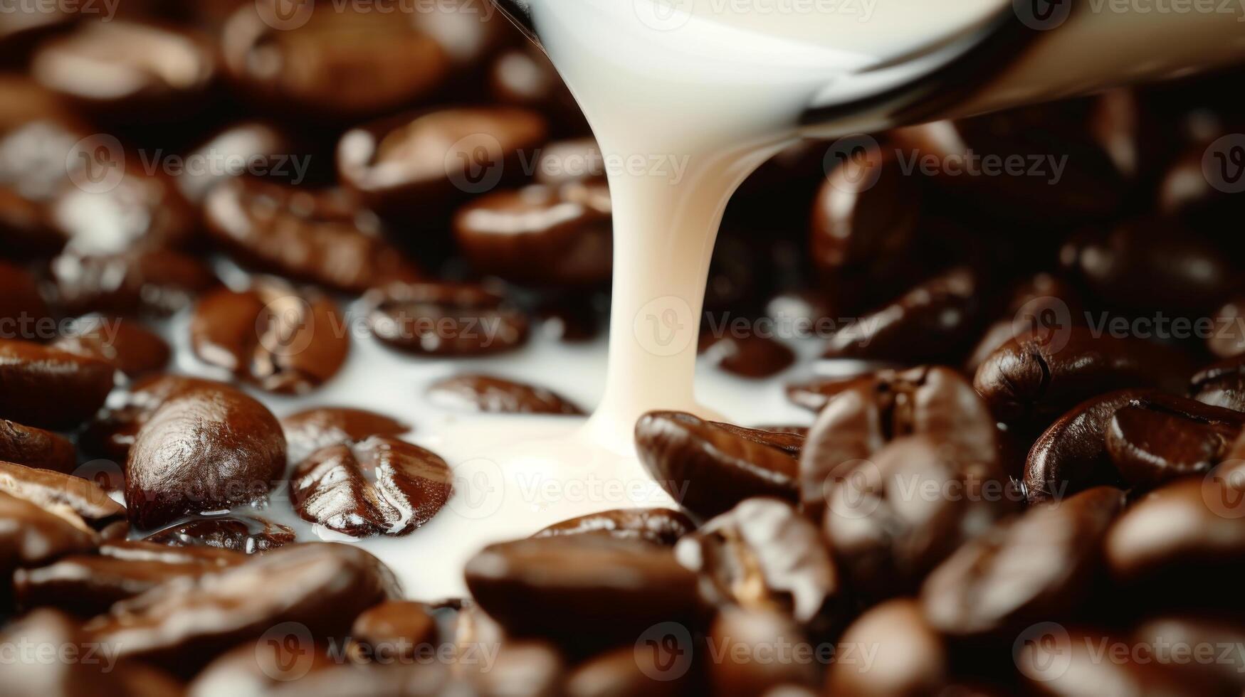 AI generated Roasted coffee beans with creamy milk being poured over them creating mesmerizing background. photo
