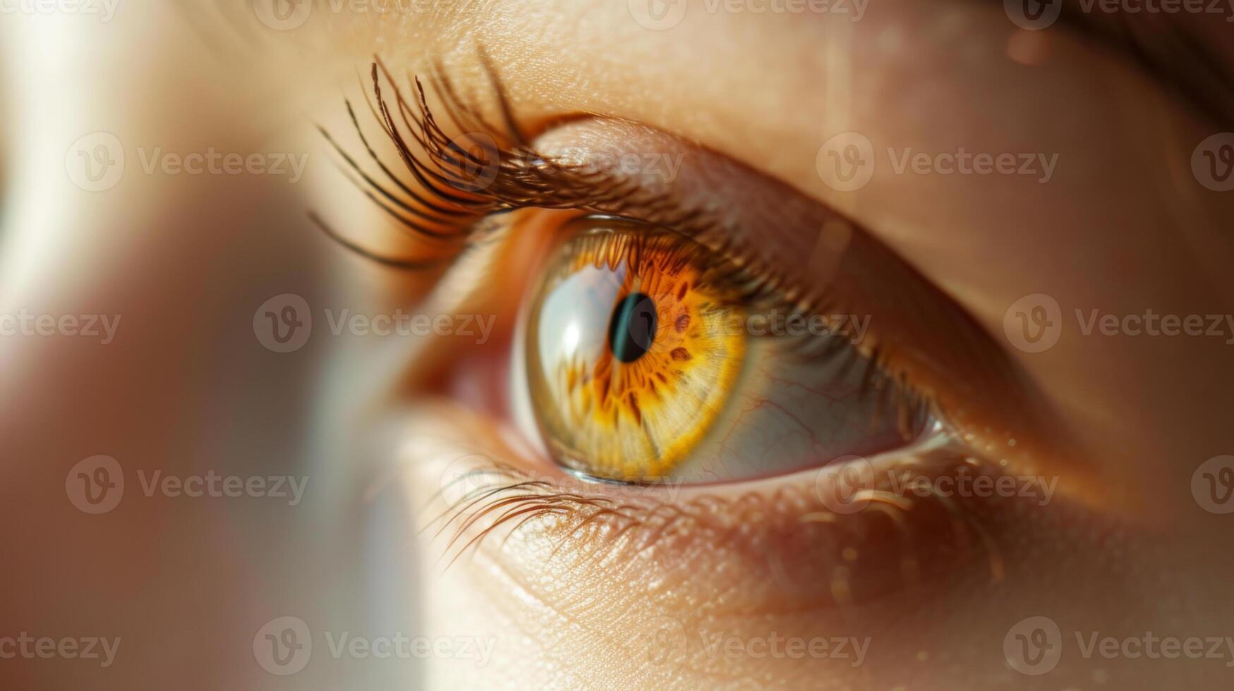 AI generated Close-up of an eye with a yellow tint. Profile of a cute Caucasian teenager. Macro photography. Selective focus. photo