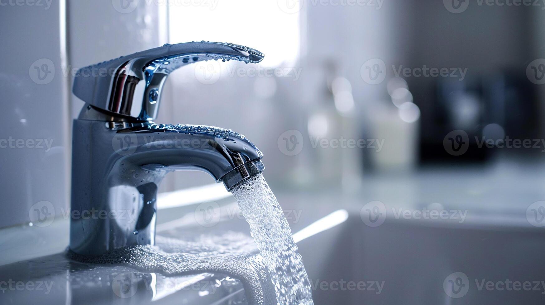 AI generated Faucet with running water, close-up, blurred background. photo