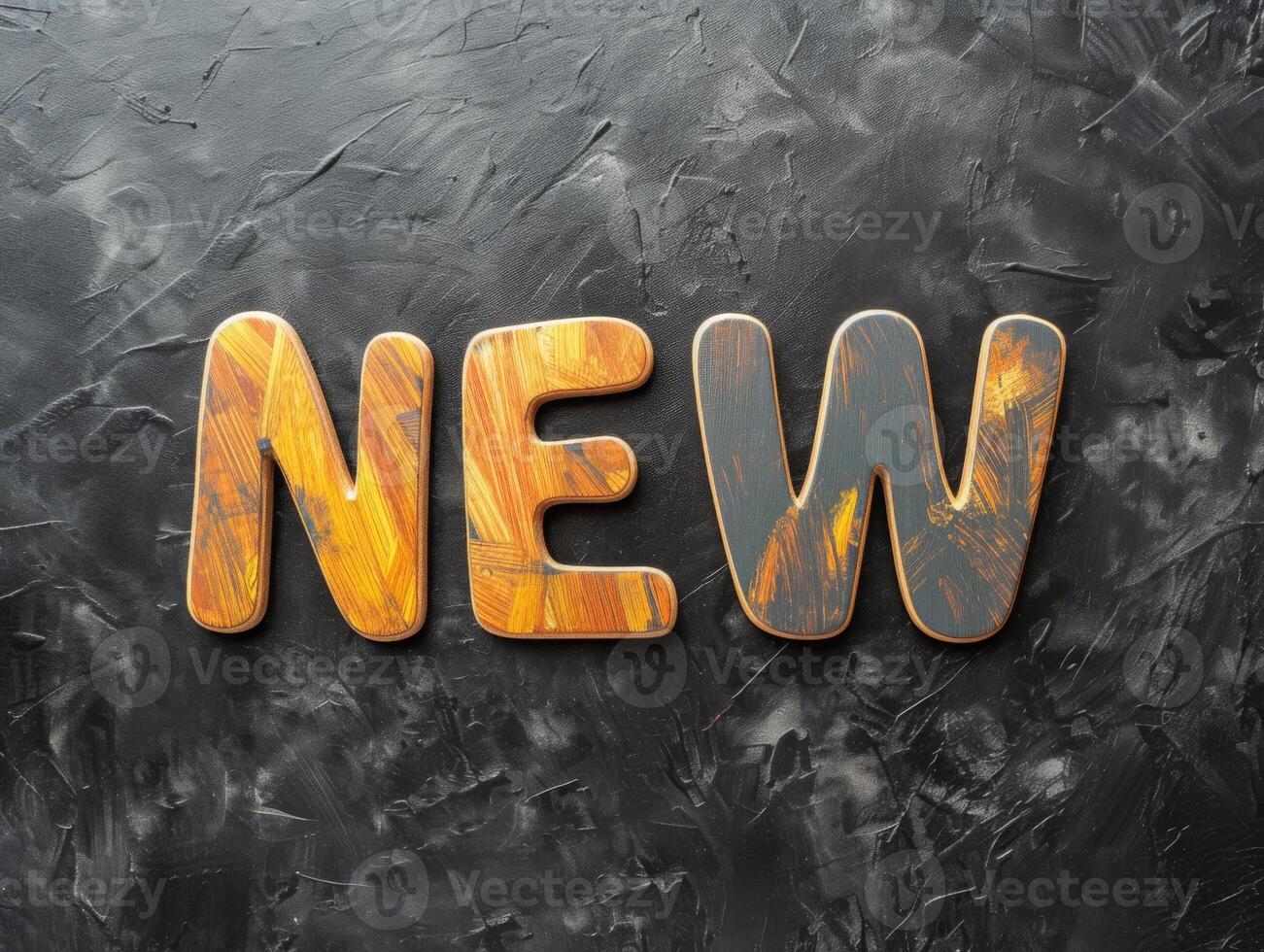 AI generated Phrase New on sticker on black background. Wooden letters on a textured cement background. photo