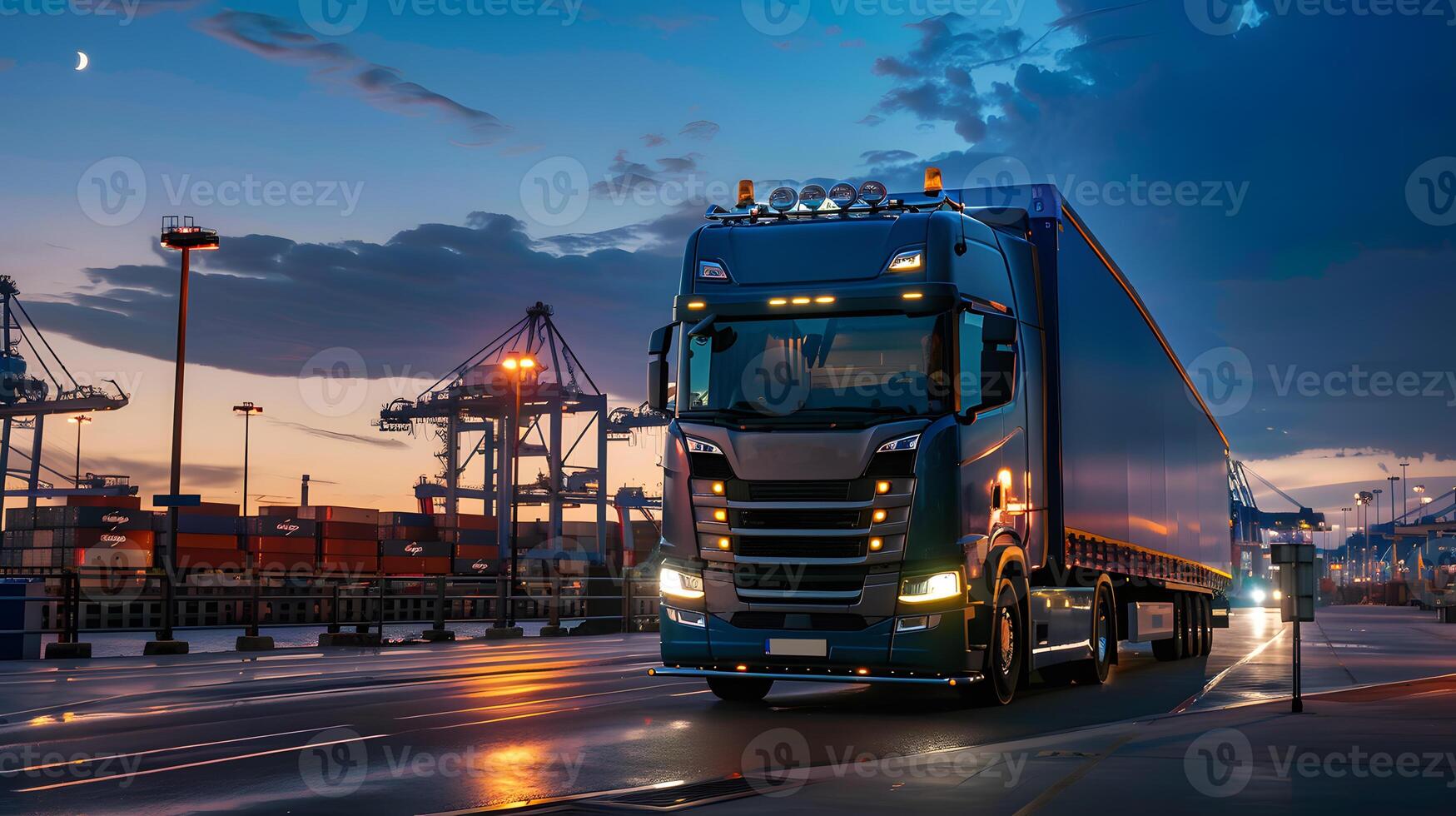 AI generated Truck trailer on the pier in the cargo port terminal with cranes and containers. AI Generated photo