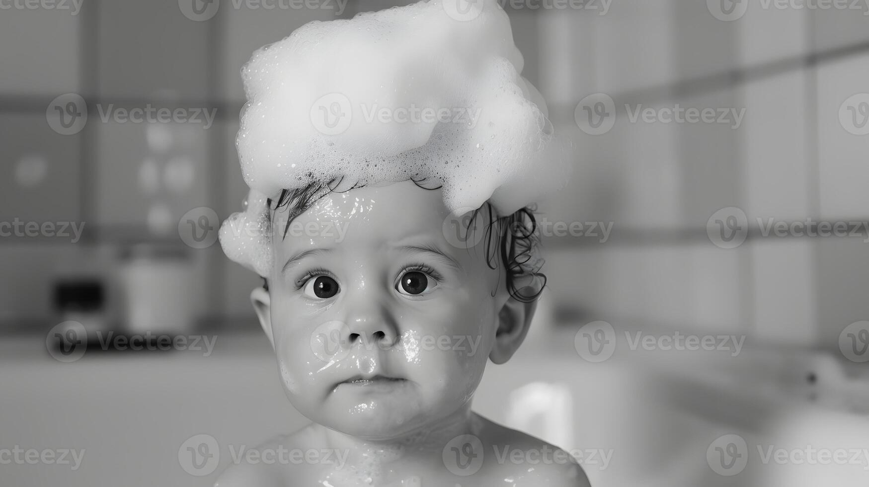 ai generado un linda pequeño niño con pequeño espuma en su cabeza. ai generado foto