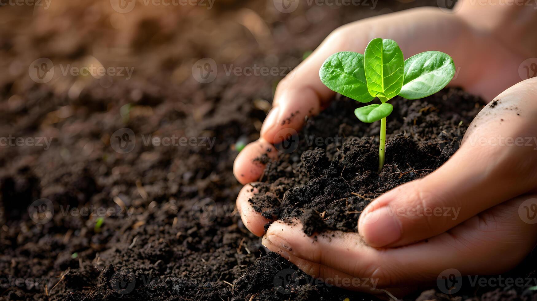AI generated Human palms hold soil with a green small plant as a concept for business development. AI Generated photo