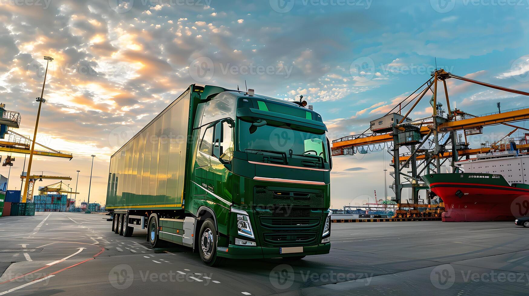 AI generated Truck trailer on the pier in the cargo port terminal with cranes and containers. AI Generated photo