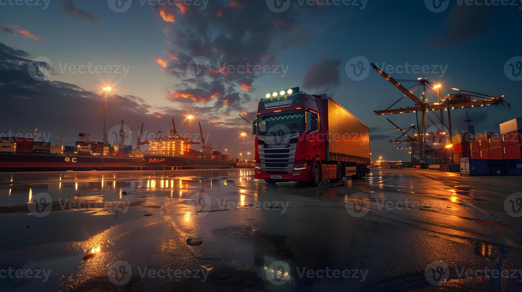 ai generado camión remolque en el muelle en el carga Puerto terminal con grúas y contenedores ai generado foto