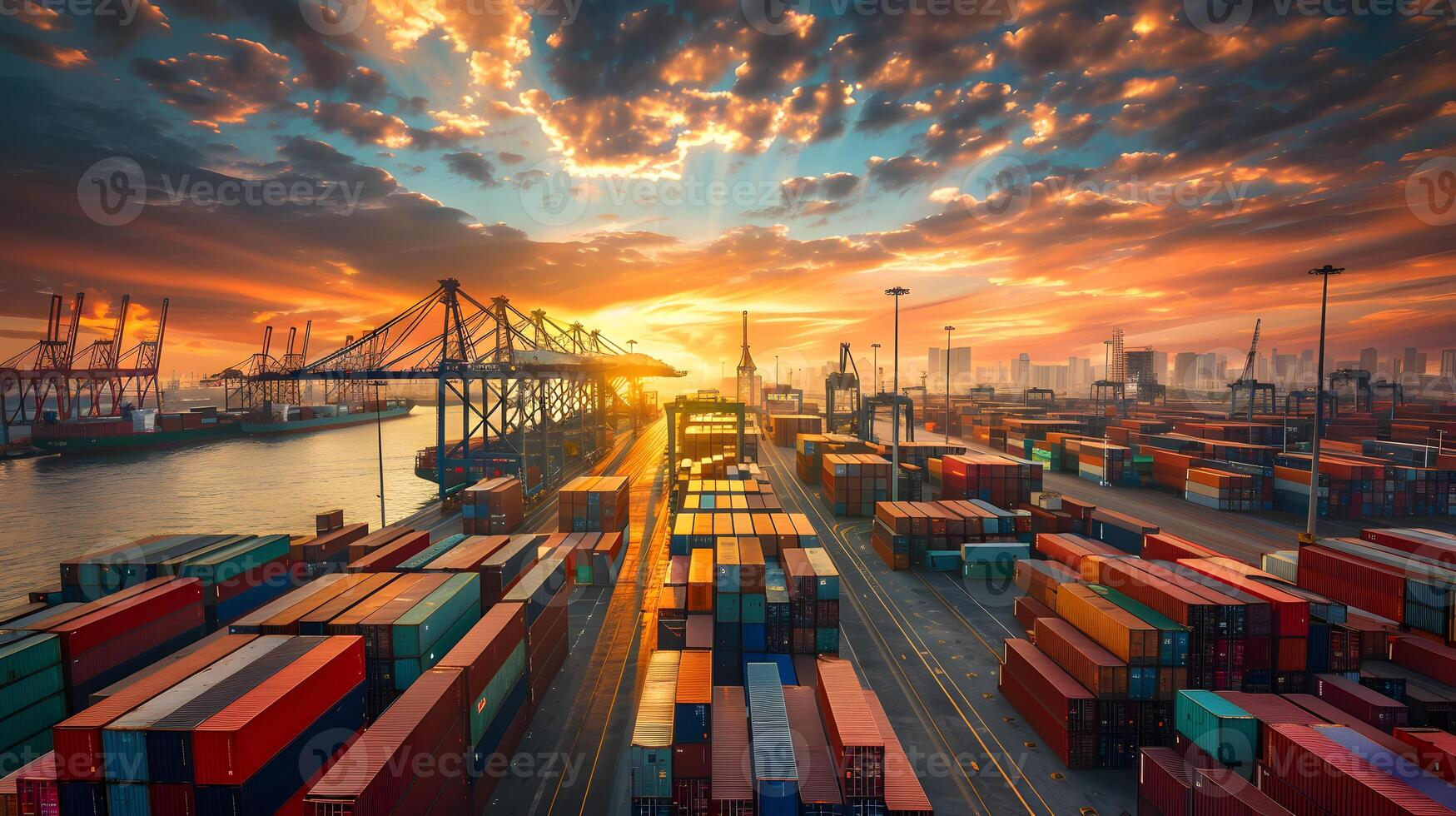 AI generated A ship for transporting cargo containers and also unloading it at the docks of a cargo port. AI Generated photo