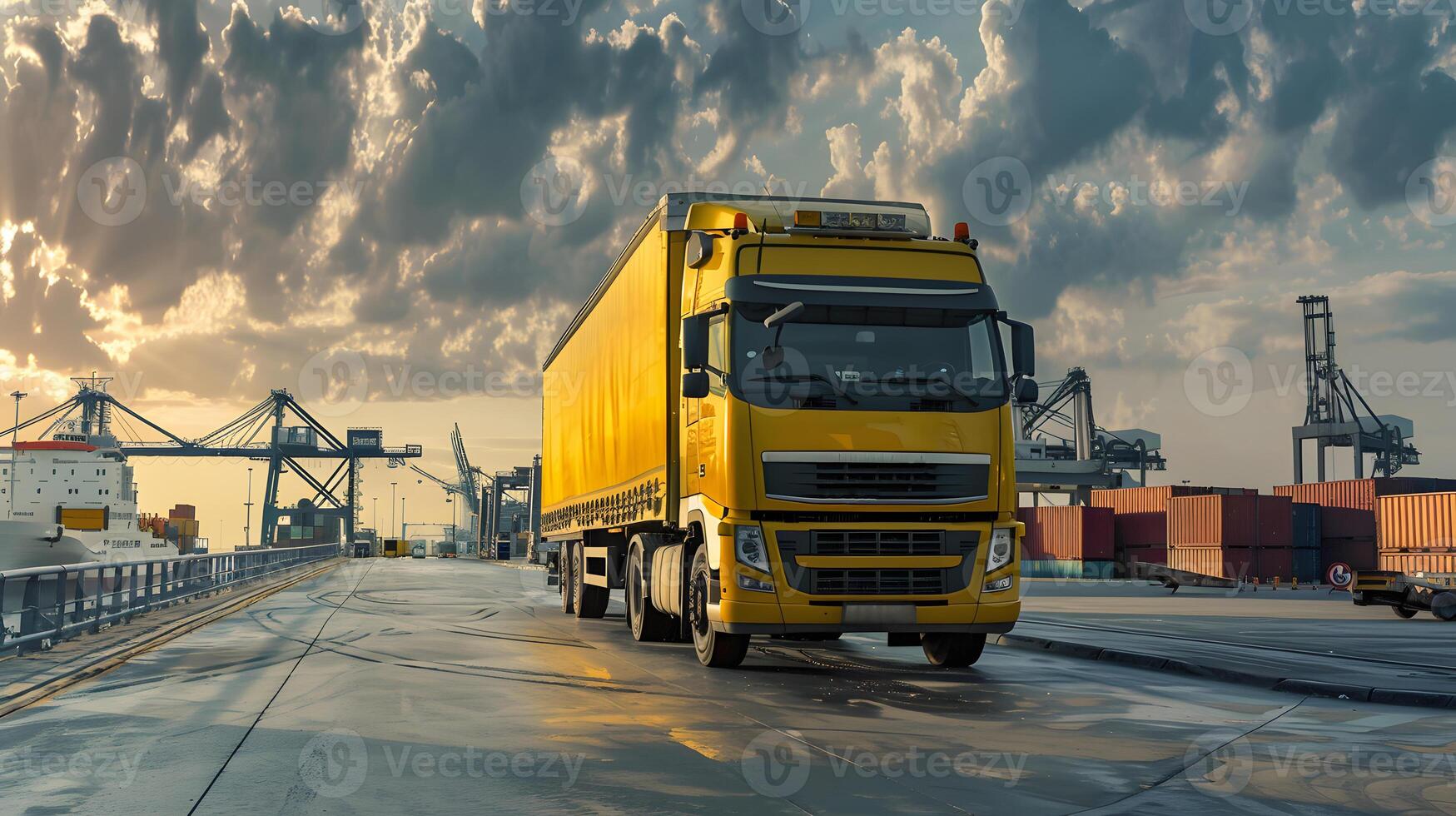 AI generated Truck trailer on the pier in the cargo port terminal with cranes and containers. AI Generated photo